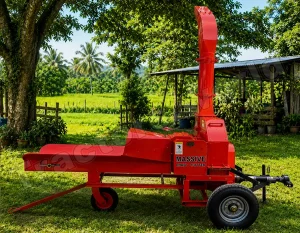 Red MASSIVE chaff cutter on a wheeled trailer in a rural yard with trees and a shed in the background, ready for use.