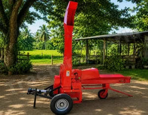 Red farm forage harvester attachment on wheels parked on a dirt path near a shed.