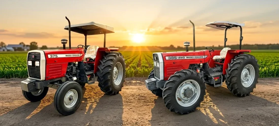 Two red Massey Ferguson tractors parked side by side on a dirt path at sunset over a green field.