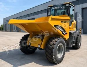 Yellow heavy-duty dump truck with oversized tires parked in front of a gray industrial building, labeled MASSIVE and MSD50.